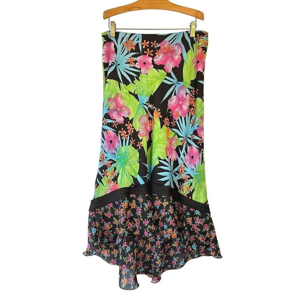 Methode Vintage Y2K Tropical Floral Ruffle Maxi Skirt Black Pink Green Small